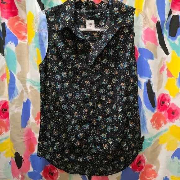 Cabi adorable black ditsy floral sleevless collared button down top small - Picture 1 of 10